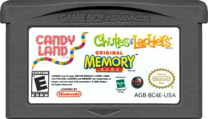 Candy Land / Chutes and Ladders / Memory for Game Boy Advance (GBA), cartridge for a retro video game featuring classic board game adaptations, family-friendly mini-games, puzzle challenges, and casual multiplayer gameplay