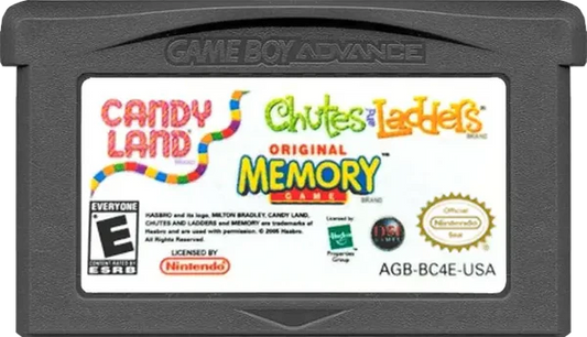 Candy Land / Chutes and Ladders / Memory for Game Boy Advance (GBA), cartridge for a retro video game featuring classic board game adaptations, family-friendly mini-games, puzzle challenges, and casual multiplayer gameplay