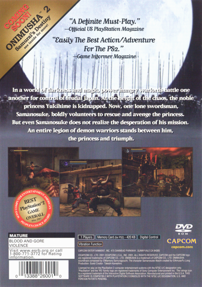 Onimusha Warlords from the Greatest Hits collection for the PlayStation 2 featuring action adventure gameplay with samurai combat demon enemies puzzle solving and cinematic storytelling set in feudal Japan back cover art