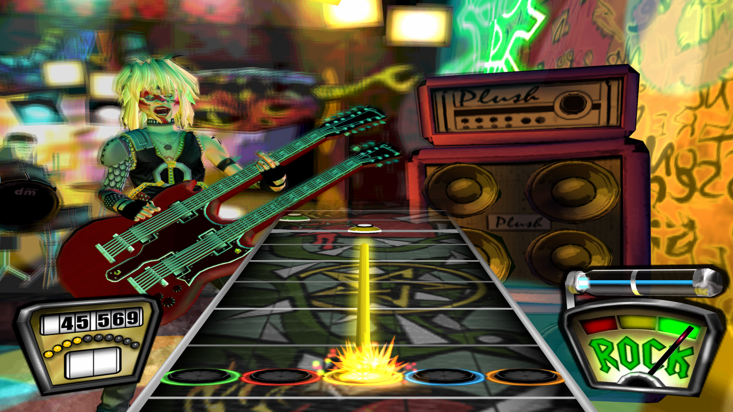 Guitar Hero Greatest Hits PlayStation 2 PS2 video game, music rhythm gameplay, rock band songs compilation, guitar controller action, console title gameplay