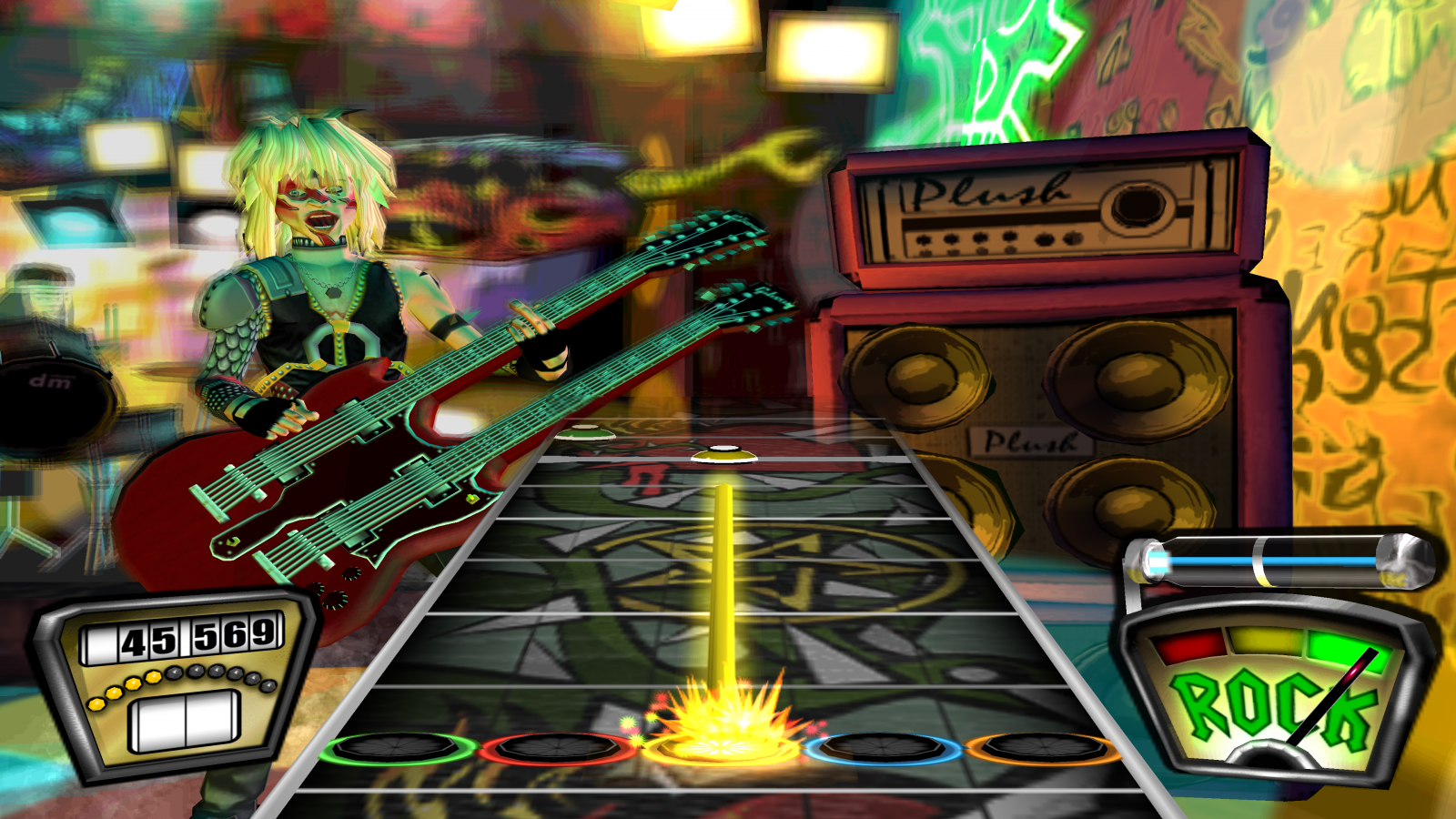 Guitar Hero Greatest Hits PlayStation 2 PS2 video game, music rhythm gameplay, rock band songs compilation, guitar controller action, console title gameplay