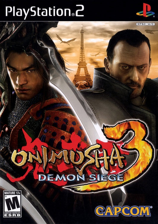 Onimusha 3 Demon Siege for the PlayStation 2 featuring action adventure gameplay with samurai and modern day characters demon slaying combat cinematic storytelling and time travel between feudal Japan and Paris cover art