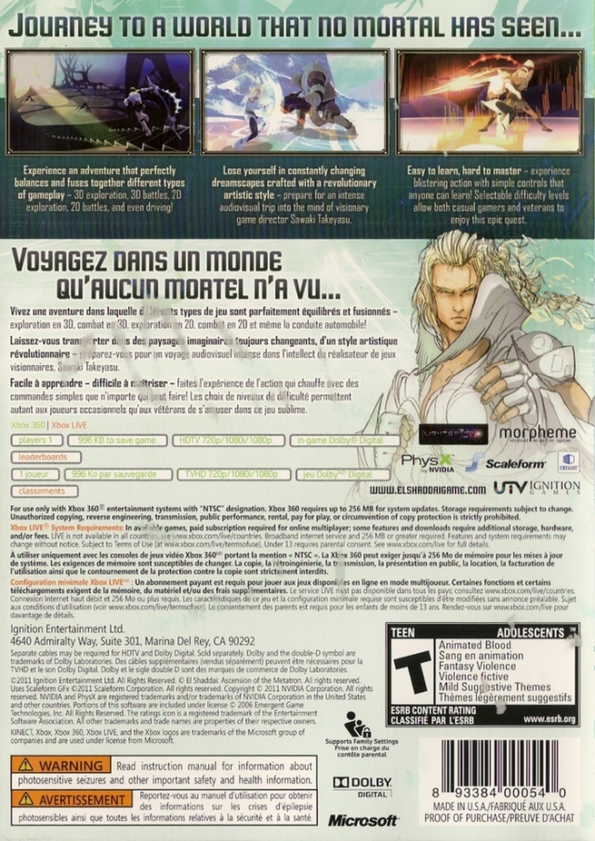 El Shaddai Ascension of the Metatron game featuring action platforming gameplay with stylized visuals inspired by religious themes fast paced combat weapon switching and a narrative following Enoch on a celestial mission to recover fallen angels back cover  