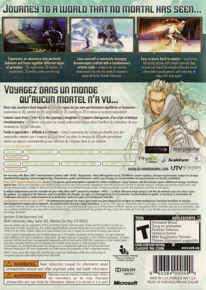 El Shaddai Ascension of the Metatron game featuring action platforming gameplay with stylized visuals inspired by religious themes fast paced combat weapon switching and a narrative following Enoch on a celestial mission to recover fallen angels back cover  