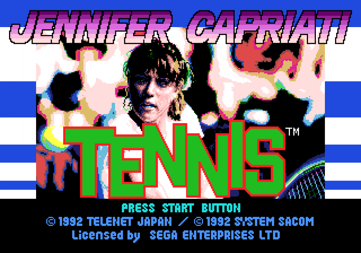 Jennifer Capriati Tennis game for the Sega Genesis featuring arcade style tennis gameplay with fast paced matches singles and doubles modes simple controls and competitive tournament style play starring tennis themed branding around Jennifer Capriati gameplay 