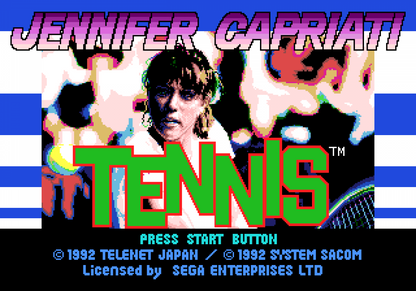 Jennifer Capriati Tennis game for the Sega Genesis featuring arcade style tennis gameplay with fast paced matches singles and doubles modes simple controls and competitive tournament style play starring tennis themed branding around Jennifer Capriati gameplay 