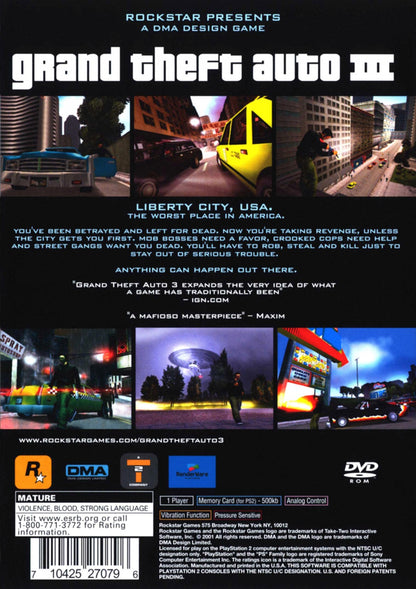 Grand Theft Auto III PlayStation 2 open-world action-adventure video game Rockstar Games Liberty City Claude silent protagonist missions vehicle hijacking crime syndicates Mafia gangs 3D era sandbox gameplay back cover