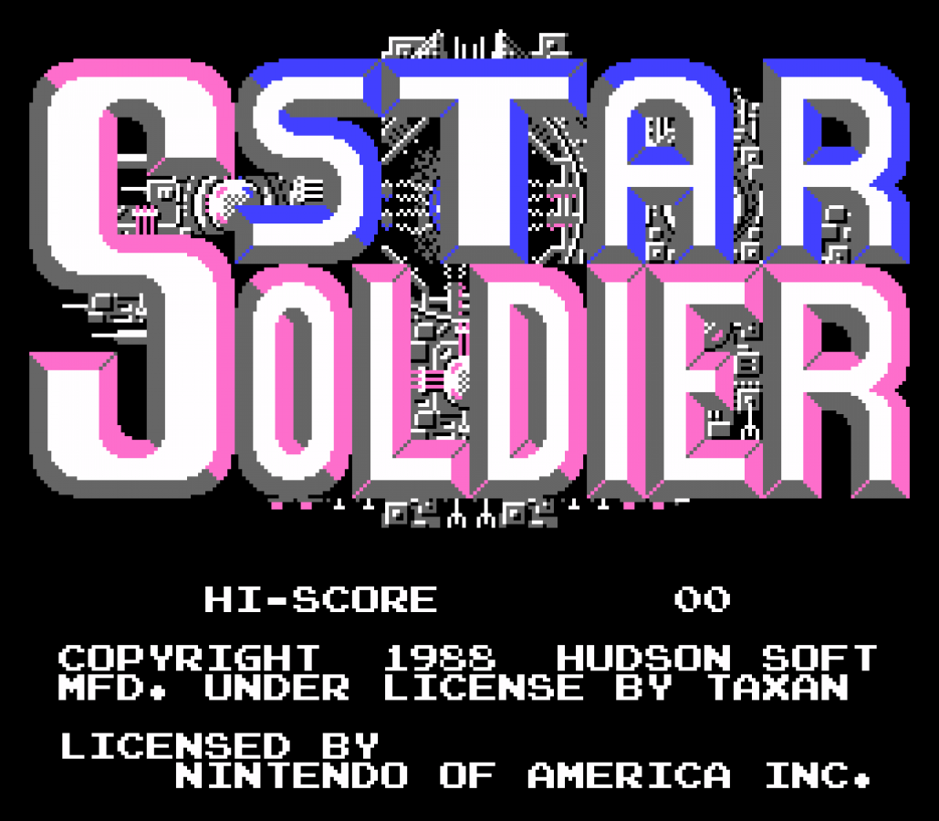 Star Soldier Nintendo Entertainment System NES video game featuring vertical scrolling shoot em up gameplay spaceship combat enemy waves power ups challenging stages boss battles and classic 8 bit arcade action retro video game collection collectible gaming appeal start screen 