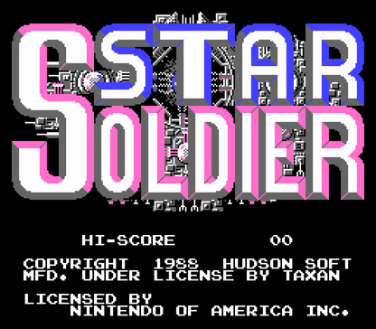 Star Soldier Nintendo Entertainment System NES video game featuring vertical scrolling shoot em up gameplay spaceship combat enemy waves power ups challenging stages boss battles and classic 8 bit arcade action retro video game collection collectible gaming appeal start screen 