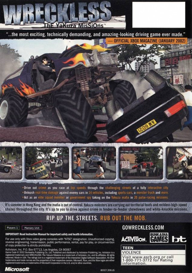 Wreckless: The Yakuza Missions back cover art for Xbox (XBOX) video game