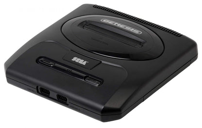 Front angled view of a Sega Genesis Model 2 console showing the cartridge slot, power and reset buttons, controller ports, and logo from a slight side perspective.