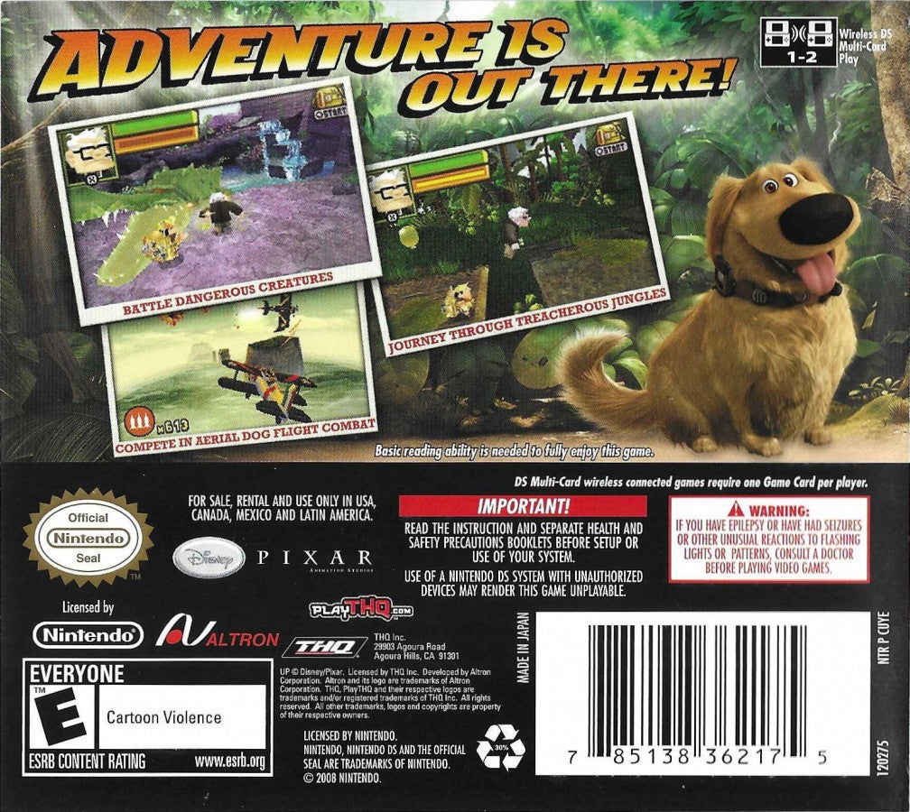 Disney Pixar Up for Nintendo DS with adventure gameplay following Carl, Russell, and Dug through exotic wilderness quests back cover
