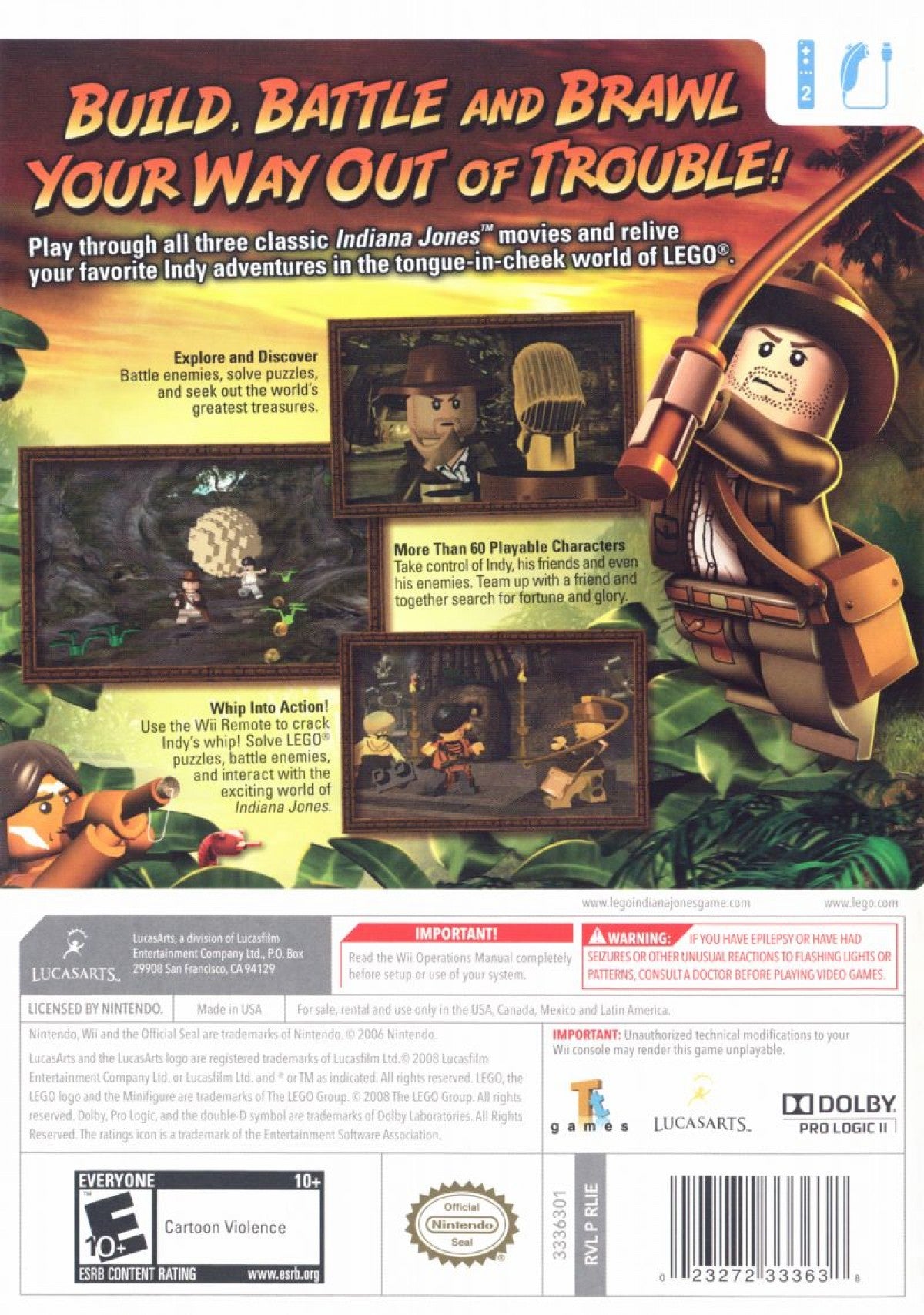Retro LEGO Indiana Jones Wii inspired design featuring classic adventure puzzle platform gameplay aesthetic blocky LEGO humor treasure hunting action ancient ruins exploration whip cracking cinematic moments nostalgic Nintendo Wii family gaming presentation back cover art 