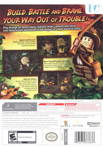 Retro LEGO Indiana Jones Wii inspired design featuring classic adventure puzzle platform gameplay aesthetic blocky LEGO humor treasure hunting action ancient ruins exploration whip cracking cinematic moments nostalgic Nintendo Wii family gaming presentation back cover art 
