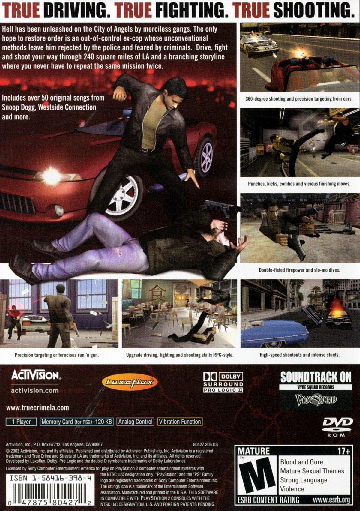 True Crime Streets of LA PS2 Sony PlayStation 2 open world action adventure crime game police detective gameplay driving shooting martial arts combos Los Angeles city map branching story multiple endings retro gaming PlayStation 2 software video game title back cover art