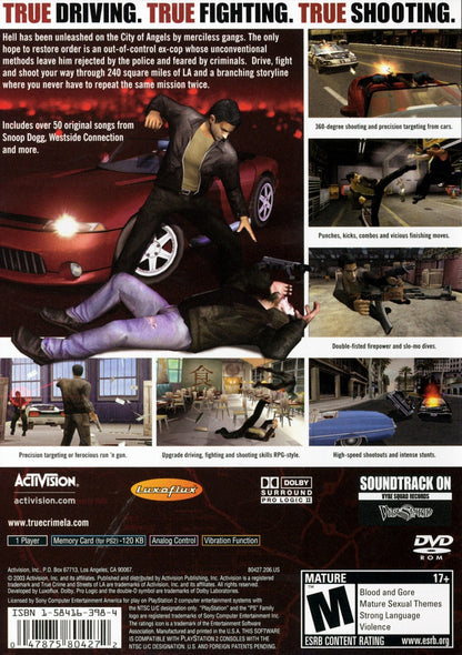 True Crime Streets of LA PS2 Sony PlayStation 2 open world action adventure crime game police detective gameplay driving shooting martial arts combos Los Angeles city map branching story multiple endings retro gaming PlayStation 2 software video game title back cover art