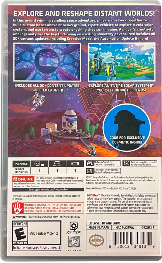 Astroneer Nintendo Switch inspired design featuring colorful space exploration adventure aesthetic planetary discovery crafting and base building resource gathering cooperative gameplay vibrant alien worlds creative sandbox mechanics and immersive sci fi survival presentation back art 