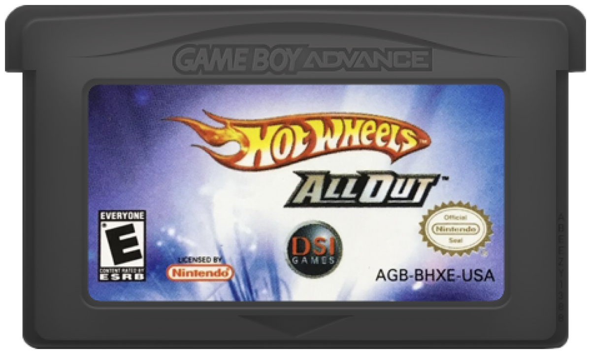 Hot Wheels All Out for Game Boy Advance, cartridge for a retro video game featuring arcade racing gameplay, high-speed track challenges, stunt driving, collectible cars, and fast-paced competition