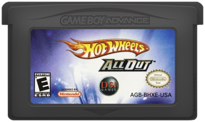 Hot Wheels All Out for Game Boy Advance, cartridge for a retro video game featuring arcade racing gameplay, high-speed track challenges, stunt driving, collectible cars, and fast-paced competition