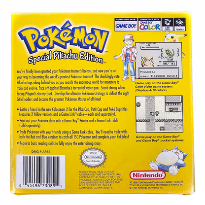Pokémon Yellow Special Pikachu Edition CIB Game Boy GB for role playing video game fans featuring Pikachu following the player through Kanto catching and training Pokémon turn based battles Gym Leader challenges Team Rocket encounters Elite Four battles Pokémon trading and classic Game Boy gameplay collectible retro gaming appeal back box art