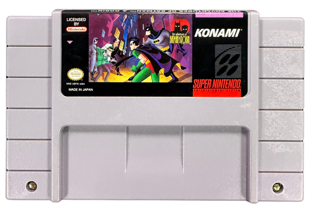 The Adventures of Batman & Robin Super Nintendo Entertainment System SNES for action platforming video game fans featuring Batman and Robin combat Gotham City environments side scrolling gameplay enemy battles challenging stages comic book inspired visuals power ups and classic DC Comics adventure collectible retro gaming appeal cartridge front 