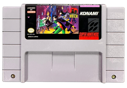The Adventures of Batman & Robin Super Nintendo Entertainment System SNES for action platforming video game fans featuring Batman and Robin combat Gotham City environments side scrolling gameplay enemy battles challenging stages comic book inspired visuals power ups and classic DC Comics adventure collectible retro gaming appeal cartridge front 