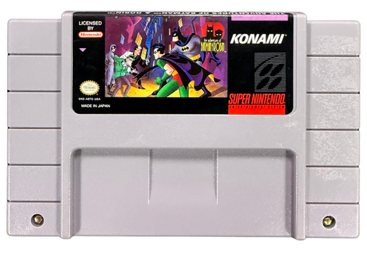 The Adventures of Batman & Robin Super Nintendo Entertainment System SNES for action platforming video game fans featuring Batman and Robin combat Gotham City environments side scrolling gameplay enemy battles challenging stages comic book inspired visuals power ups and classic DC Comics adventure collectible retro gaming appeal cartridge front 