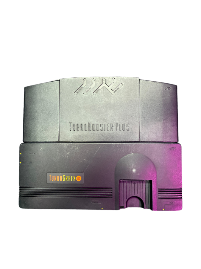 TurboGrafx-16 System (TG16) with Turbo Booster featuring NEC’s 16 bit era console for HuCard games paired with the Turbo Booster add on for composite A V output and system expansion; enjoy classic arcade style action and shooters with the enhanced setup for playing on modern TVs top of real console