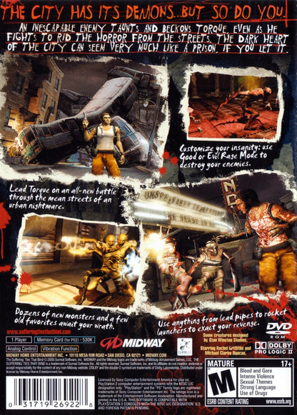 The Suffering Ties That Bind PS2 inspired design featuring psychological horror action aesthetic dark urban nightmare environments supernatural creatures brutal combat mature storytelling intense survival gameplay atmospheric horror adventure nostalgic PlayStation 2 presentation back cover