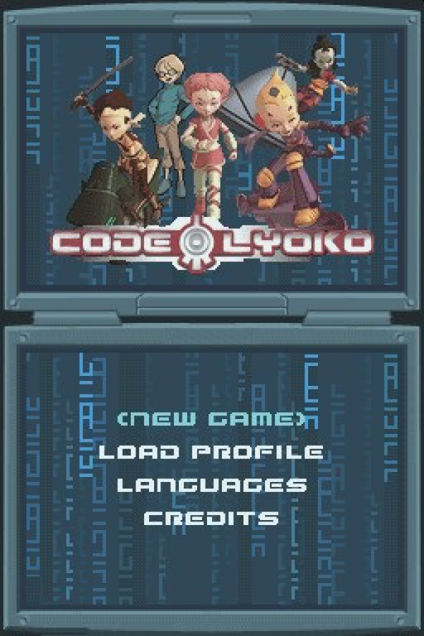 Code Lyoko for Nintendo DS, title screen for an action-adventure video game with platforming, combat, puzzle-solving, and anime-style gameplay