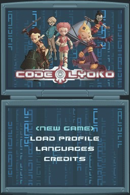Code Lyoko for Nintendo DS, title screen for an action-adventure video game with platforming, combat, puzzle-solving, and anime-style gameplay