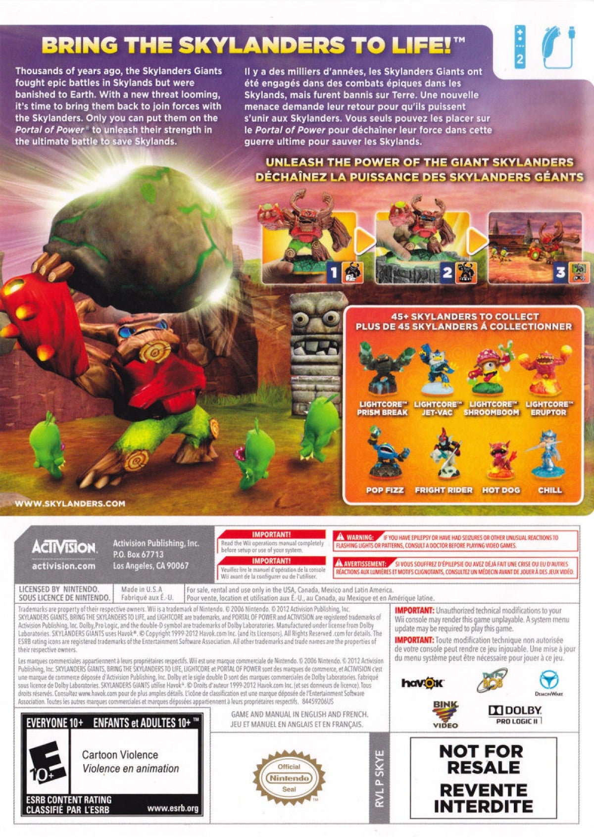 Skylanders Giants for Wii action adventure toy-to-life video game featuring collectible character figures portal gameplay cooperative play and family friendly fantasy battles experience back cover