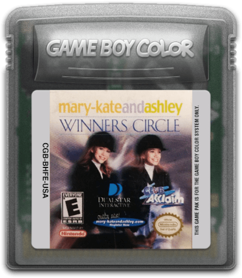 Mary-Kate and Ashley Winners Circle for Game Boy Color, cartridge for a sports simulation video game with horse riding gameplay, competition events, training challenges, and casual adventure activities