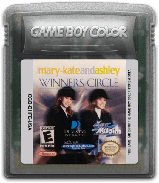Mary-Kate and Ashley Winners Circle for Game Boy Color, cartridge for a sports simulation video game with horse riding gameplay, competition events, training challenges, and casual adventure activities