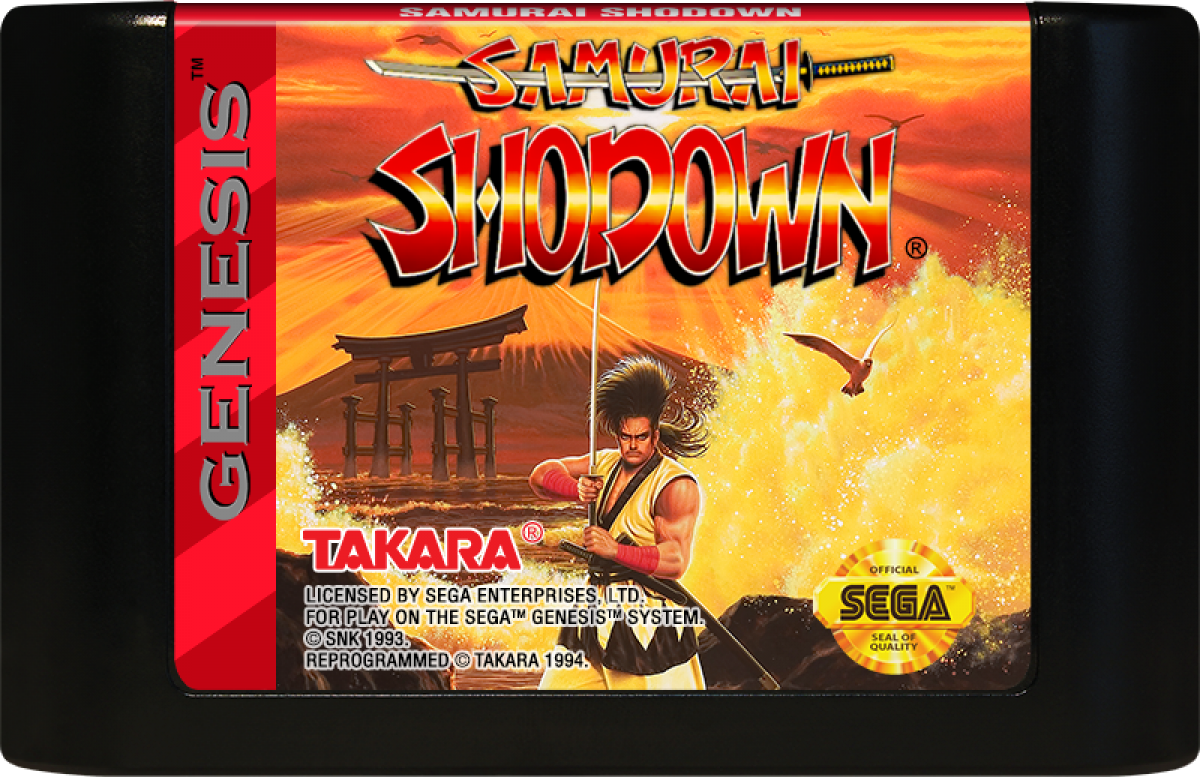 Samurai Shodown Sega Genesis GEN video game featuring 2D fighting gameplay samurai warriors weapon based combat special attacks character battles Japanese themed environments arcade style action competitive matches and classic 16 bit Sega gameplay retro video game collection collectible gaming appeal game cartridge