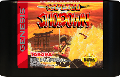 Samurai Shodown Sega Genesis GEN video game featuring 2D fighting gameplay samurai warriors weapon based combat special attacks character battles Japanese themed environments arcade style action competitive matches and classic 16 bit Sega gameplay retro video game collection collectible gaming appeal game cartridge