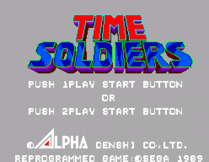 Time Soldiers Sega Master System SMS for arcade run and gun shooter video game fans featuring time travel action side scrolling combat historical battlefields enemy soldiers weapon upgrades power ups challenging stages boss battles and classic Sega Master System gameplay collectible retro gaming appeal gameplay
