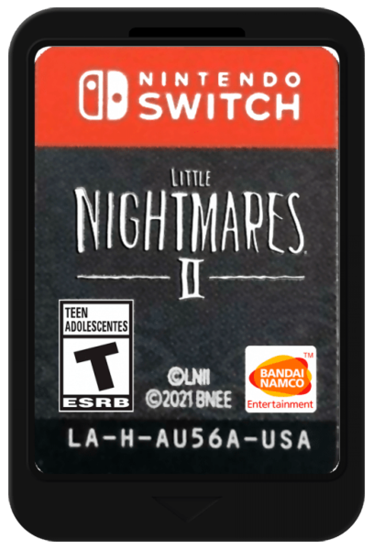 Little Nightmares II Nintendo Switch horror puzzle platformer following Mono and Six through the Pale City running from the Hunter Teacher and Thin Man cartridge art