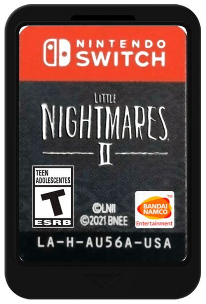 Little Nightmares II Nintendo Switch horror puzzle platformer following Mono and Six through the Pale City running from the Hunter Teacher and Thin Man cartridge art