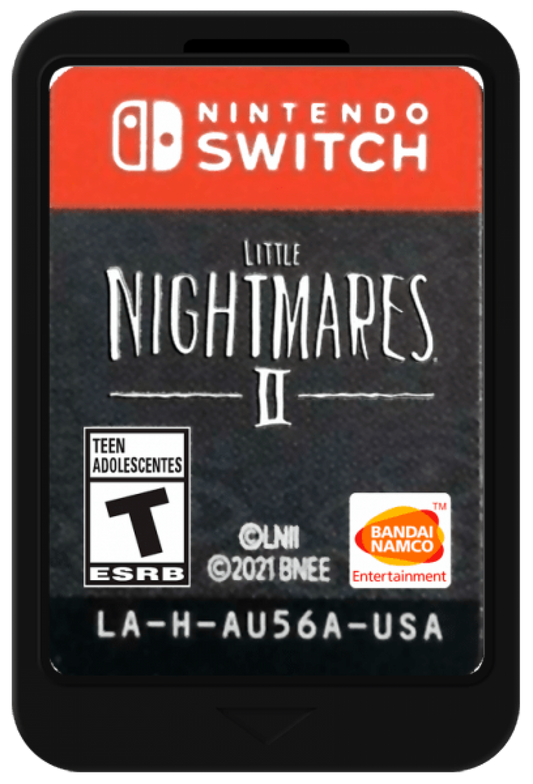 Little Nightmares II Nintendo Switch horror puzzle platformer following Mono and Six through the Pale City running from the Hunter Teacher and Thin Man cartridge art