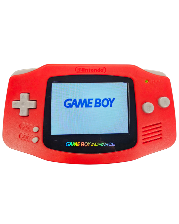 Nintendo Game Boy Advance GBA handheld gaming system with red replacement shell and IPS backlit display featuring bright adjustable screen portable gaming compatibility with Game Boy Advance Game Boy Color and original Game Boy games responsive controls rechargeable style upgraded retro gaming hardware good condition collectible gaming appeal front console on