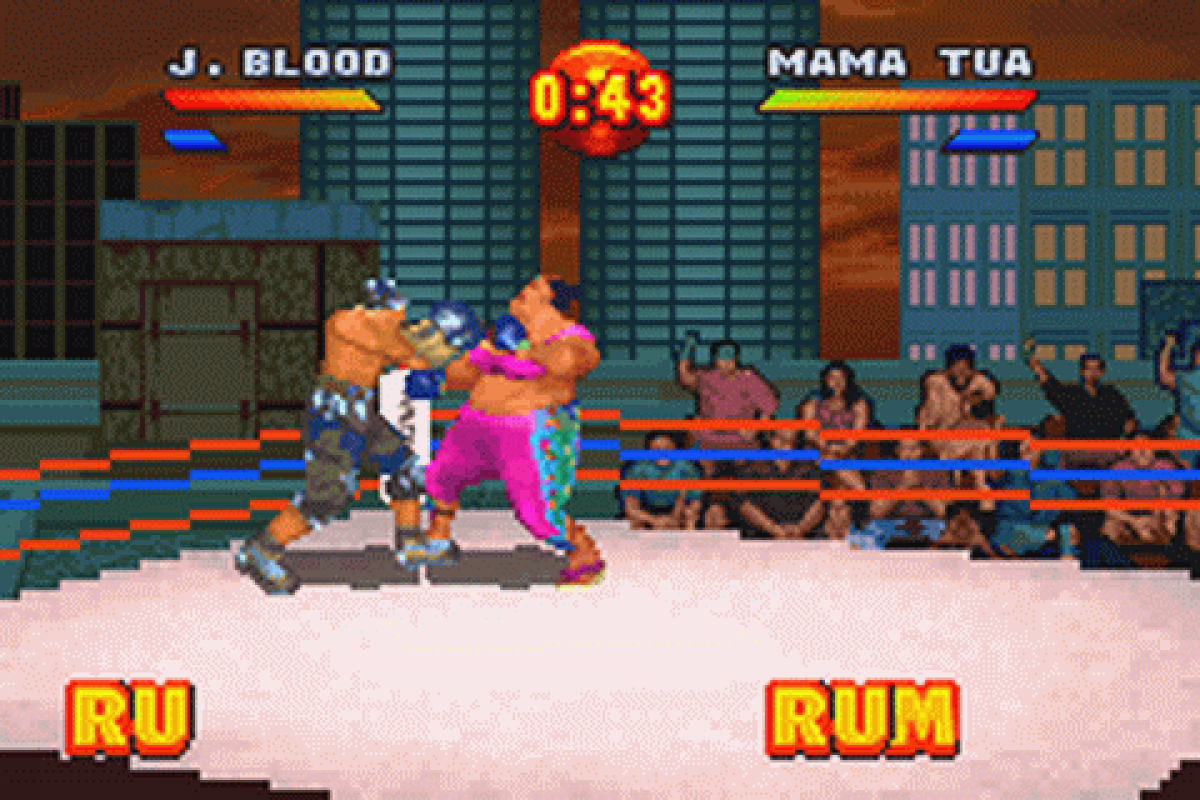 Ready 2 Rumble Boxing Round 2 for Game Boy Advance (GBA), gameplay for a retro video game featuring arcade-style boxing gameplay, fast-paced combat, character-based fighters, tournament challenges, and over-the-top sports action