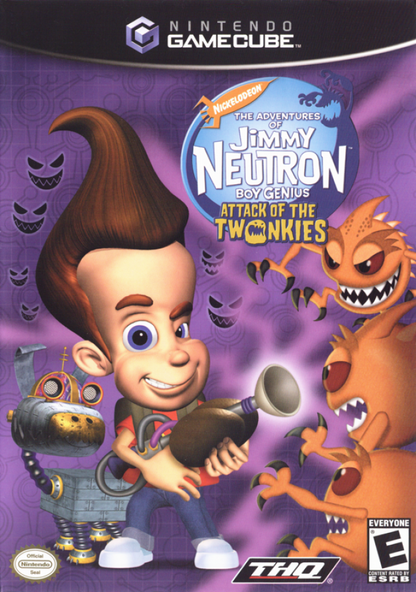 Cover art for The Adventures of Jimmy Neutron Boy Genius Attack of the Twonkies GameCube GC video game, action adventure, cartoon, family-friendly, platformer, Nintendo GameCube classic