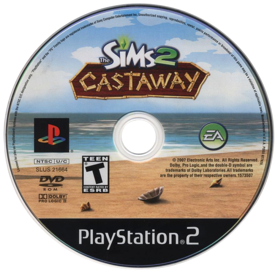 The Sims 2: Castaway – PlayStation 2 (PS2) video game disc, life simulation adventure.