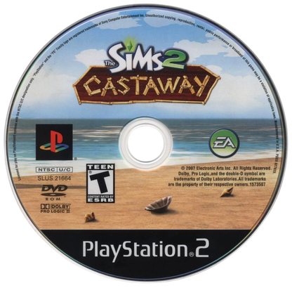 The Sims 2: Castaway – PlayStation 2 (PS2) video game disc, life simulation adventure.