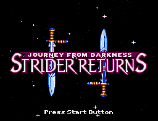 Strider Returns Sega Genesis action platformer side scrolling arcade style combat ninja gameplay sword attacks fast paced levels Capcom classic retro gaming Sega Genesis cartridge video game title title screen 