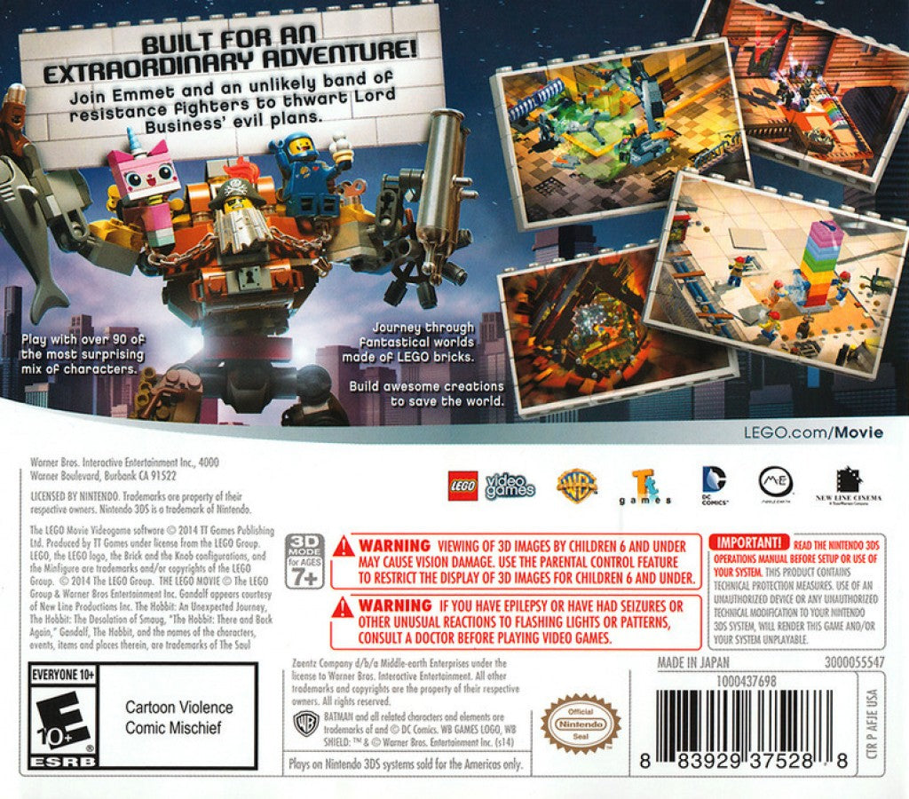 The LEGO Movie Videogame back of case for Nintendo 3DS (3DS) action adventure video game