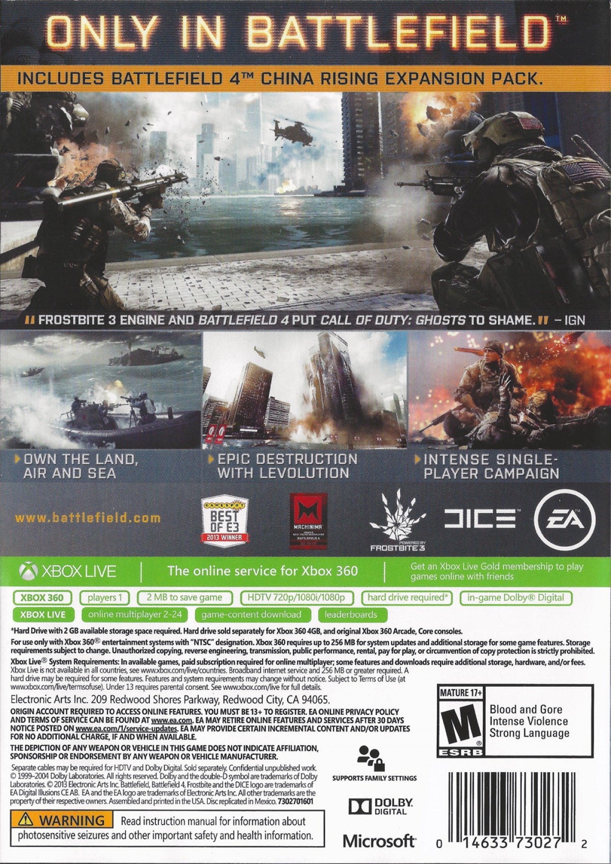 Battlefield 4 back cover art for Xbox 360 (X360) first-person shooter video game