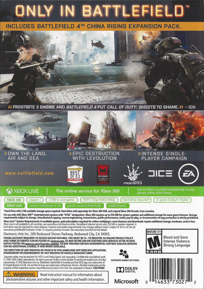 Battlefield 4 back cover art for Xbox 360 (X360) first-person shooter video game