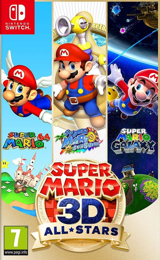 Super Mario 3D All-Stars PAL Nintendo Switch compilation featuring Super Mario 64 Super Mario Sunshine Super Mario Galaxy 3D platforming adventure collection limited release cover art